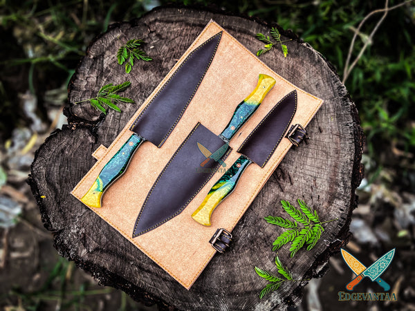 Wild Jungle Knife Set – Handmade 3 Piece Engraved Kitchen Knives, Nature & Animal Design, Unique Christmas Gift