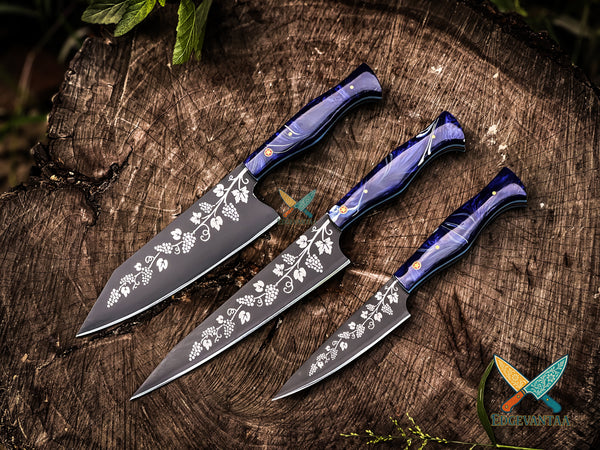 Handmade 3-Piece Engraved Kitchen Knife Set – 11" Chef, 8" Utility & 11" Cleaver | Blue Handle Christmas Gift Knives